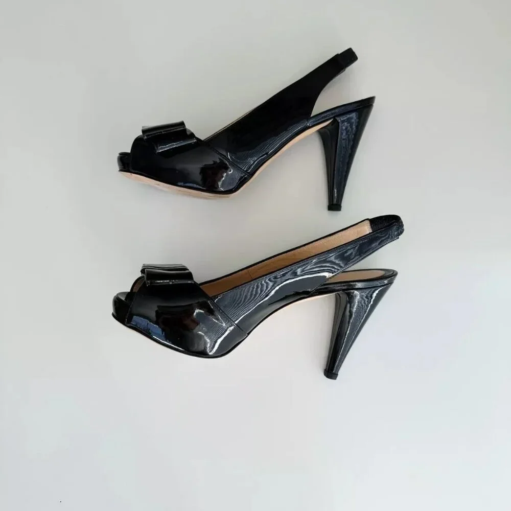 FENDI Women's Black Patent Leather Bow Platform Slingback Pumps Size 36.5 US 6.5